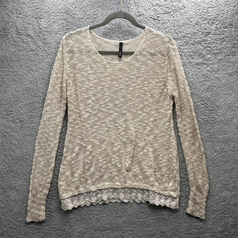 Elan Women's Large Loose Knit Sweater Lace Trim Long Sleeves Casual Quiet Luxury